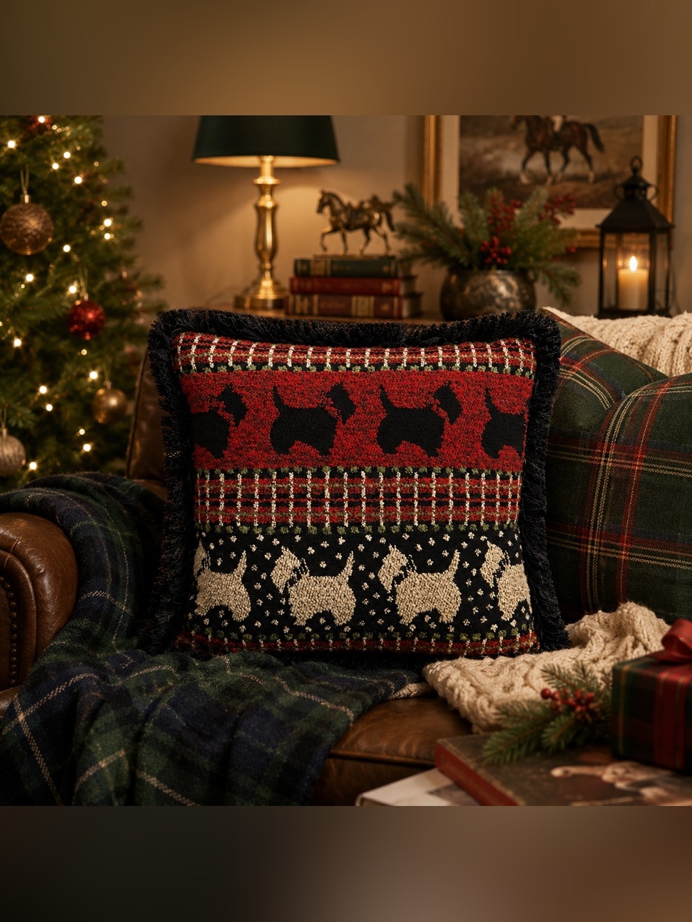 Peking Handicraft Scottie Dog Plaid Wool Hook Christmas Pillow 17x17